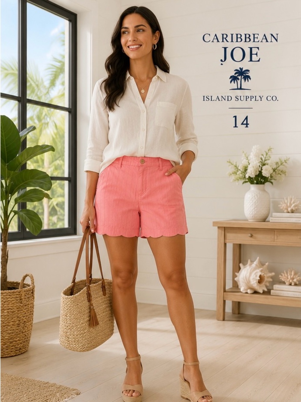 Caribbean Joe Coral Pink Pinstripe Scalloped Hem Shorts Size 14